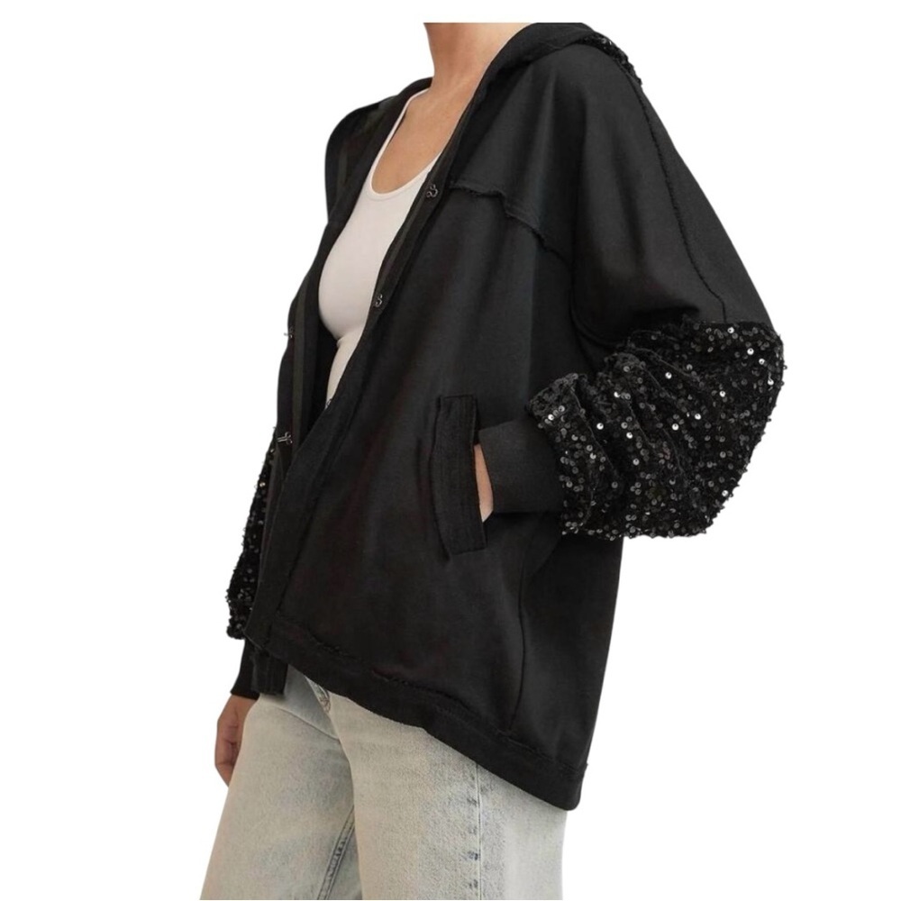 Umgee Large Black Hoodie with Sequin Sleeves and Hood - Picture 3 of 4